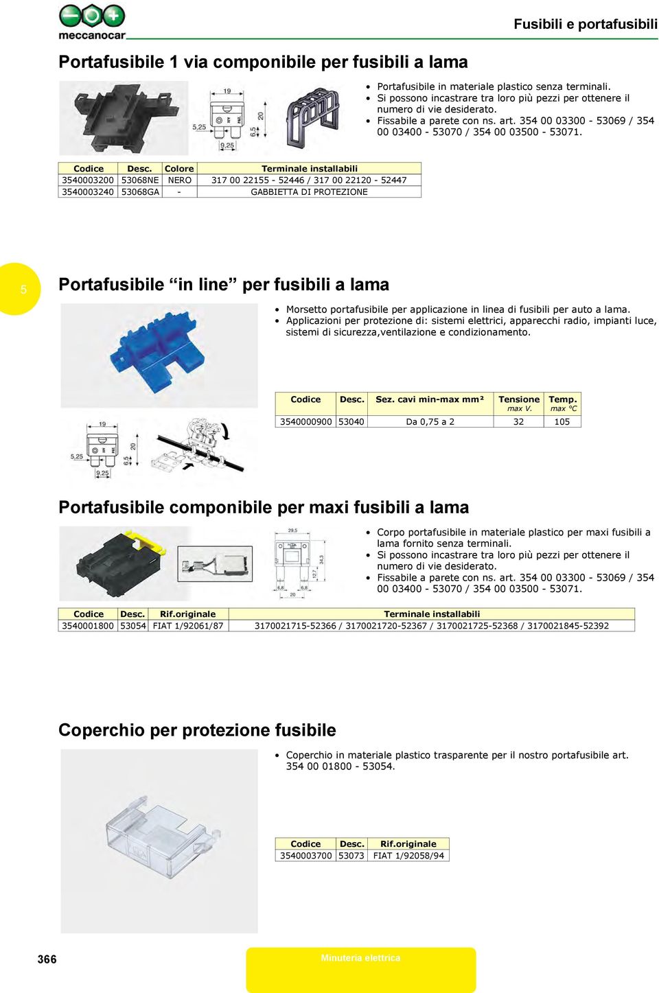 Colore Terminale installabili 340003200 3068NE NERO 317 00 221-2446 / 317 00 22120-2447 340003240 3068GA - GABBIETTA DI PROTEZIONE Portafusibile in line per fusibili a lama Morsetto portafusibile per