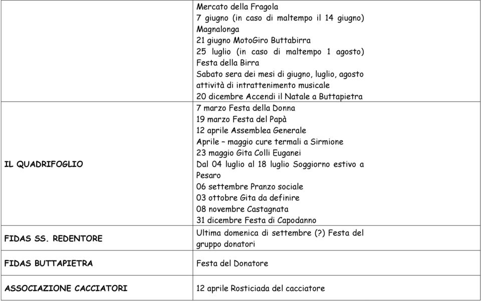 Sabato sera dei mesi di giugno, luglio, agosto attività di intrattenimento musicale 20 dicembre Accendi il Natale a Buttapietra 7 marzo Festa della Donna 19 marzo Festa del Papà 12 aprile Assemblea