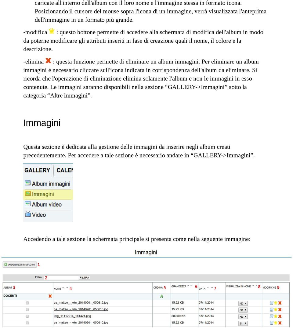 -modifica : questo bottone permette di accedere alla schermata di modifica dell'album in modo da poterne modificare gli attributi inseriti in fase di creazione quali il nome, il colore e la