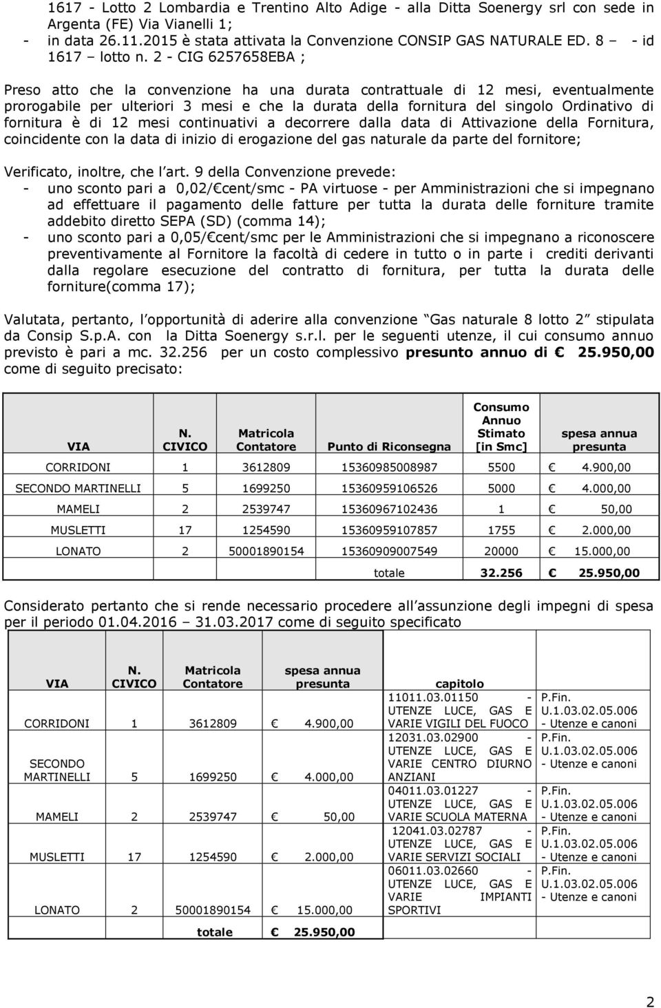 2 - CIG 6257658EBA ; Preso atto che la convenzione ha una durata contrattuale di 12 mesi, eventualmente prorogabile per ulteriori 3 mesi e che la durata della fornitura del singolo Ordinativo di