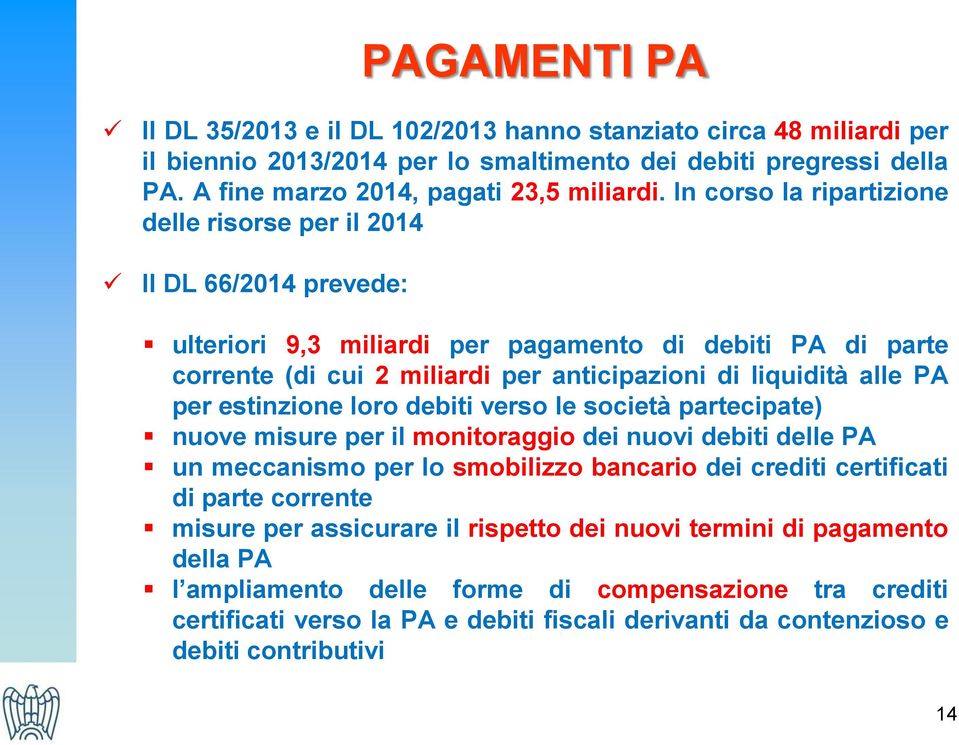 per estinzione loro debiti verso le società partecipate) nuove misure per il monitoraggio dei nuovi debiti delle PA un meccanismo per lo smobilizzo bancario dei crediti certificati di parte corrente