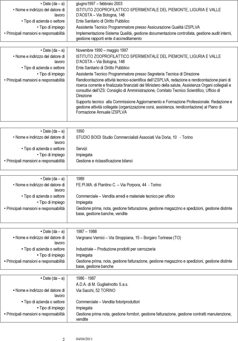 controllata, gestione audit interni, gestione rapporti ente d accreditamento Novembre 1990 maggio 1997 Nome e indirizzo del datore di ISTITUTO ZOOPROFILATTICO SPERIMENTALE DEL PIEMONTE, LIGURIA E