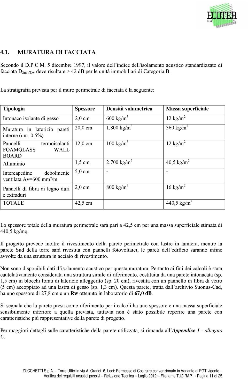 in laterizio pareti interne (um. 0.5%) 20,0 cm 1.800 kg/m 3 360 kg/m 2 Pannelli termoisolanti 12,0 cm 100 kg/m 3 12 kg/m 2 FOAMGLASS WALL BOARD Alluminio 1,5 cm 2.