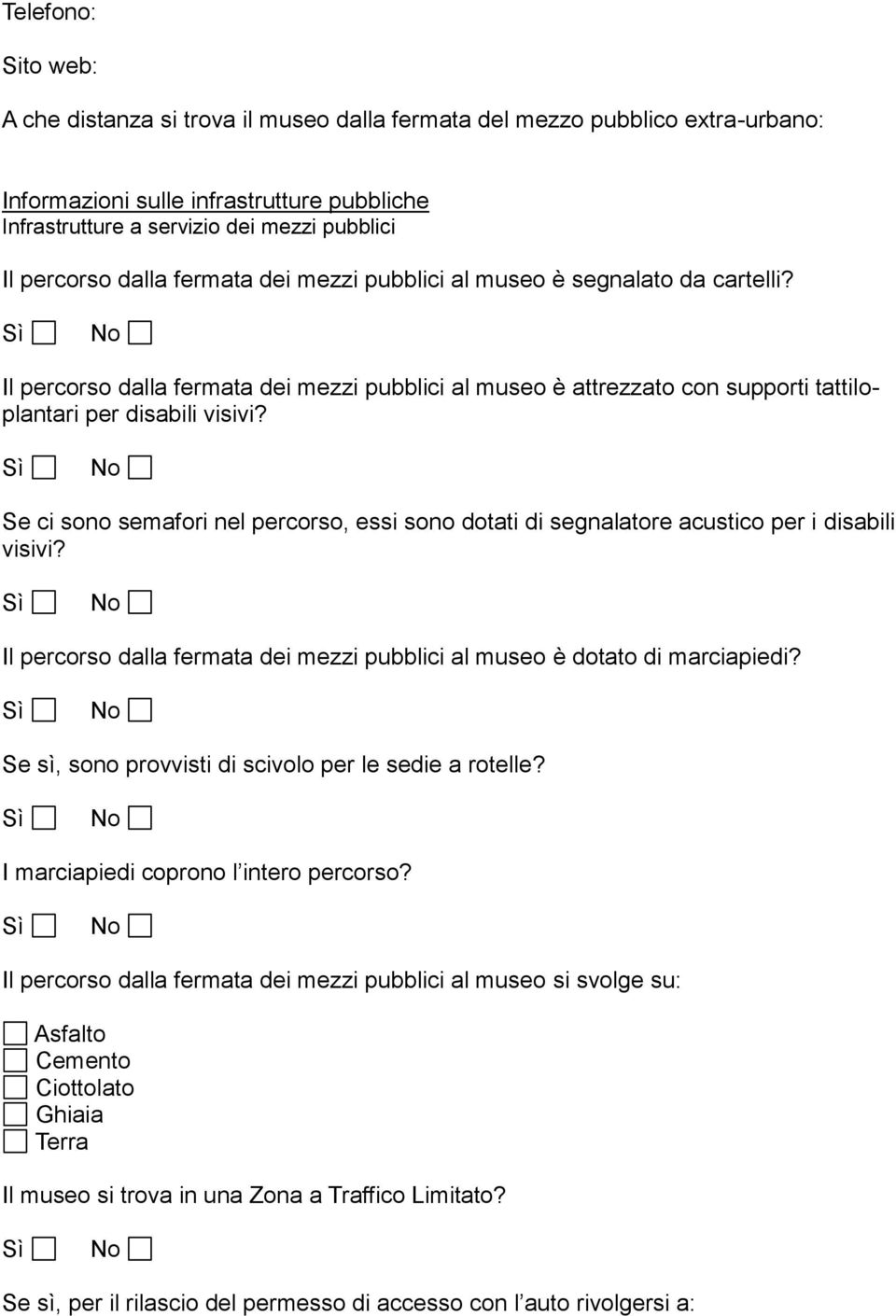 Se ci sono semafori nel percorso, essi sono dotati di segnalatore acustico per i disabili visivi? Il percorso dalla fermata dei mezzi pubblici al museo è dotato di marciapiedi?