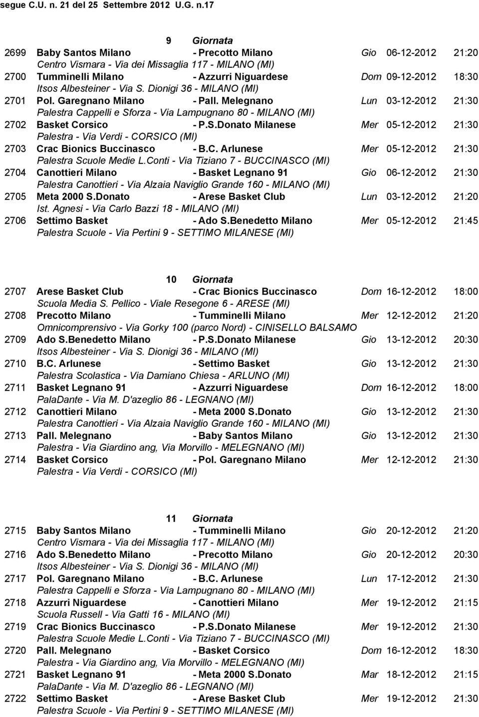 Donato - Arese Basket Club Lun 03-12-2012 21:20 2706 Settimo Basket - Ado S.