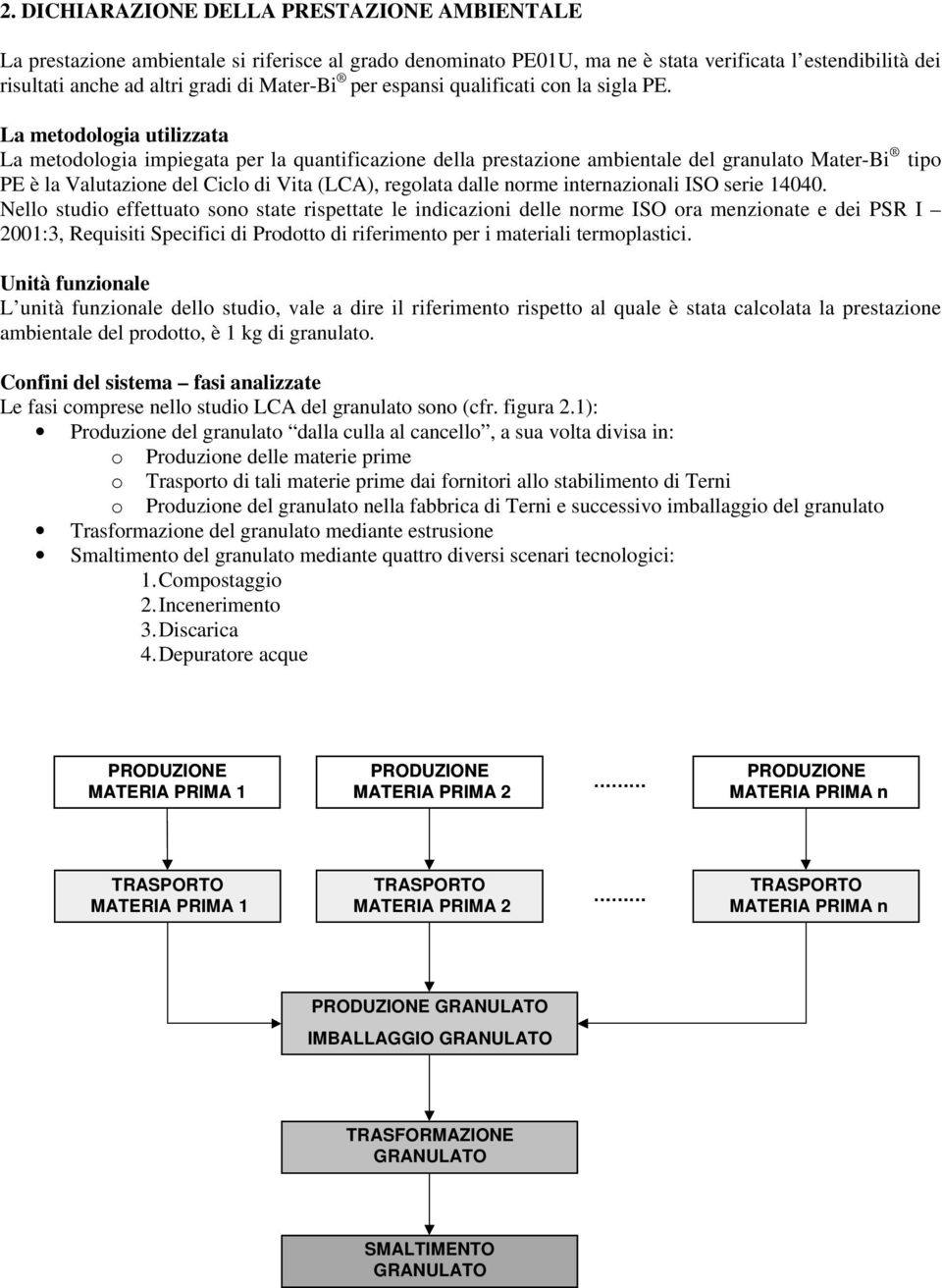 La metodologia utilizzata La metodologia impiegata per la quantificazione della prestazione ambientale del granulato Mater-Bi tipo PE è la Valutazione del Ciclo di Vita (LCA), regolata dalle norme