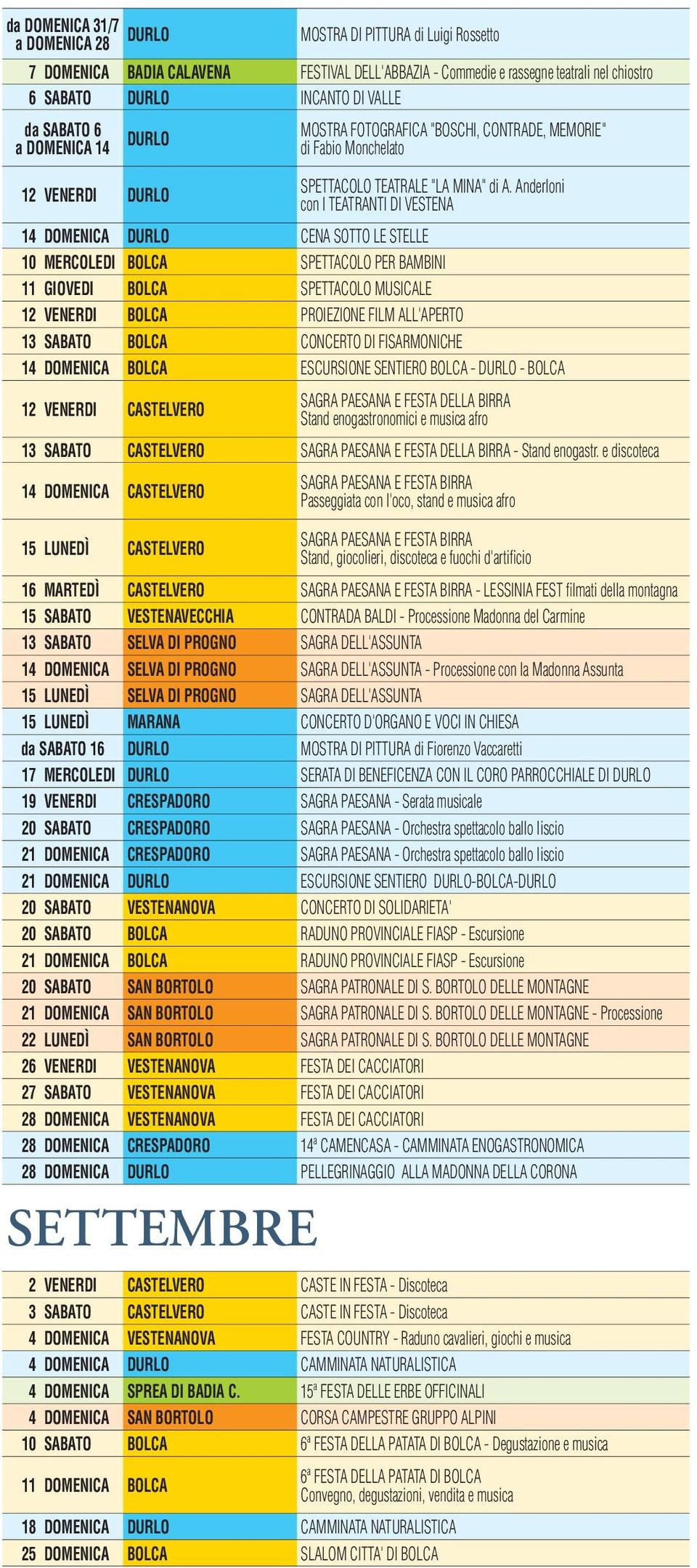 Anderloni con I TEATRANTI DI VESTENA 14 DOMENICA DURLO CENA SOTTO LE STELLE 10 MERCOLEDI BOLCA SPETTACOLO PER BAMBINI 11 GIOVEDI BOLCA SPETTACOLO MUSICALE 12 VENERDI BOLCA PROIEZIONE FILM ALL'APERTO