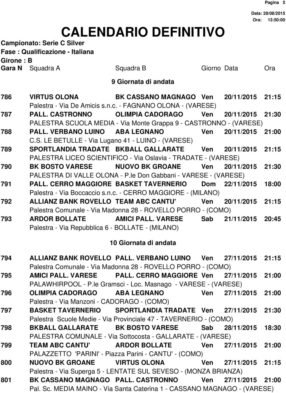 CERRO MAGGIORE BASKET TAVERNERIO Dom 22/11/2015 18:00 792 ALLIANZ BANK ROVELLO TEAM ABC CANTU' Ven 20/11/2015 21:15 793 ARDOR BOLLATE AMICI PALL.