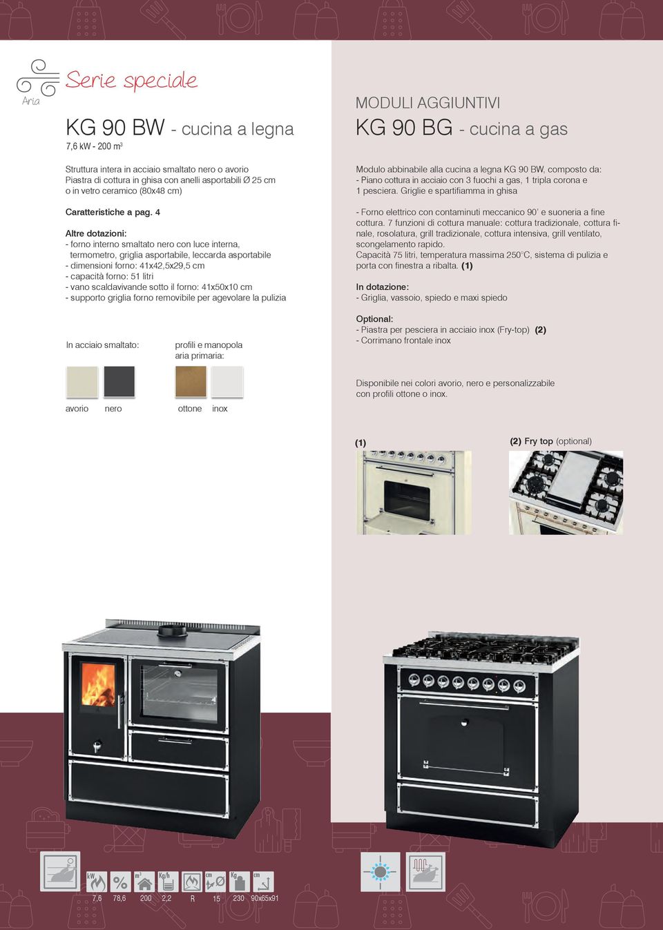 Griglie e spartifiamma in ghisa Caratteristiche a pag. 4 - Forno elettrico con contaminuti meccanico 90 e suoneria a fine cottura.