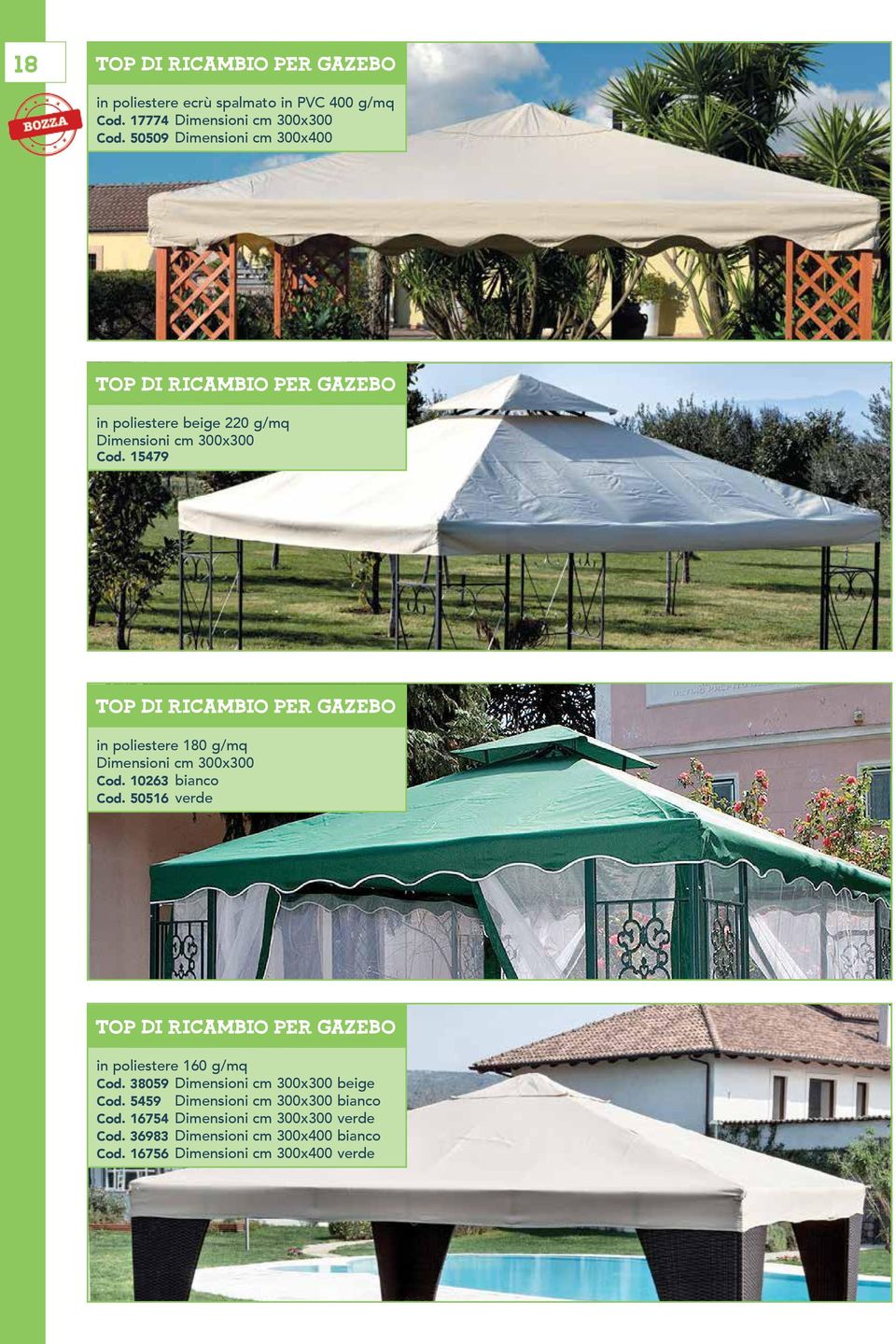 15479 TOP DI RICAMBIO PER GAZEBO in poliestere 180 g/mq Dimensioni cm 300x300 Cod. 10263 bianco Cod.