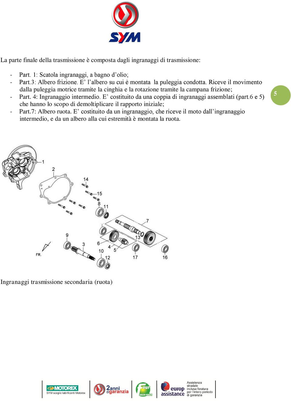 4: Ingranaggio intermedio. E costituito da una coppia di ingranaggi assemblati (part.6 e 5) che hanno lo scopo di demoltiplicare il rapporto iniziale; - Part.