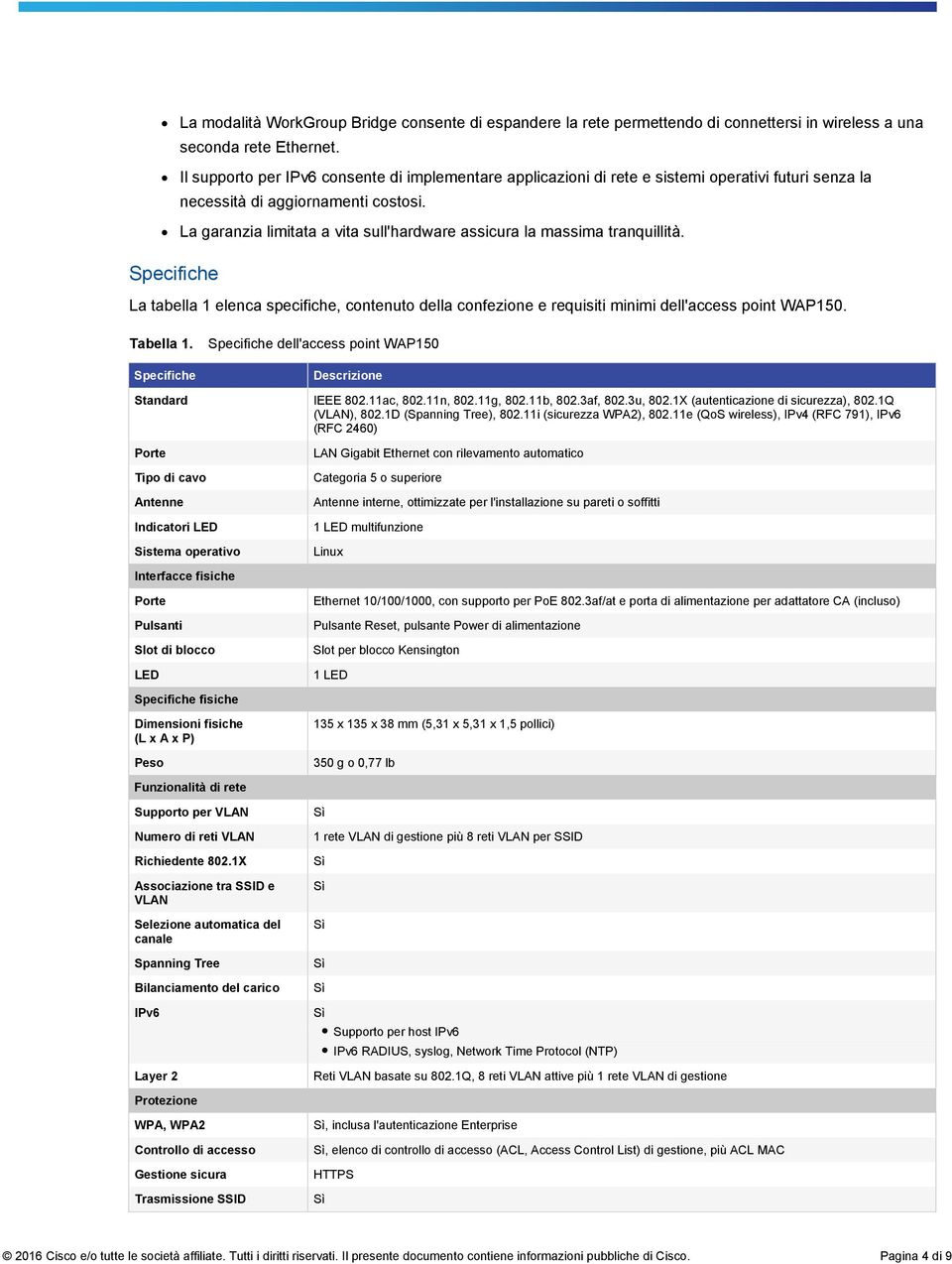 La garanzia limitata a vita sull'hardware assicura la massima tranquillità. Specifiche La tabella 1 elenca specifiche, contenuto della confezione e requisiti minimi dell'access point WAP150.