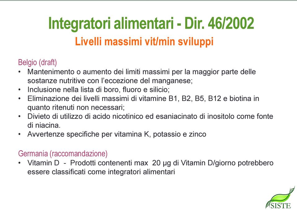 manganese; Inclusione nella lista di boro, fluoro e silicio; Eliminazione dei livelli massimi di vitamine B1, B2, B5, B12 e biotina in quanto ritenuti non