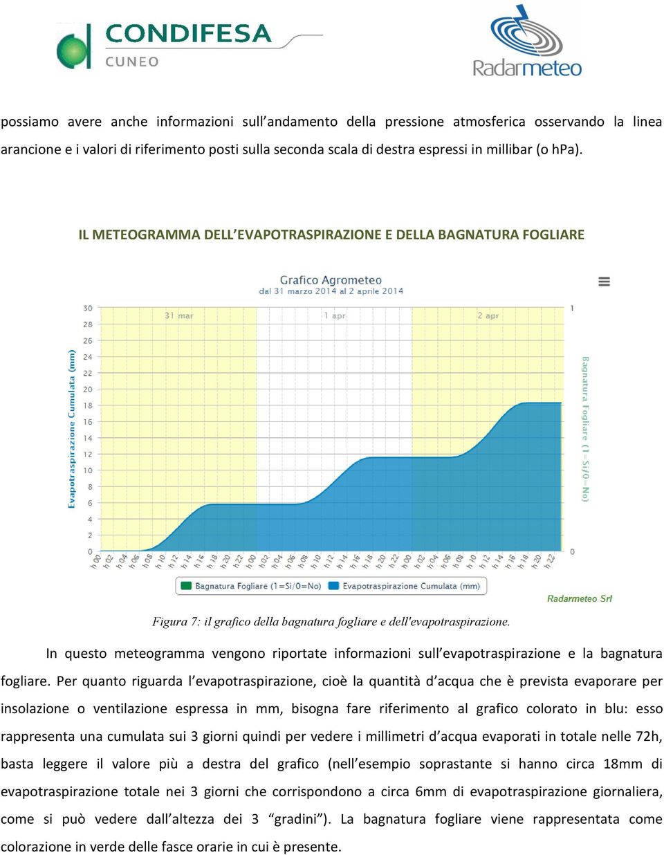 In questo meteogramma vengono riportate informazioni sull evapotraspirazione e la bagnatura fogliare.