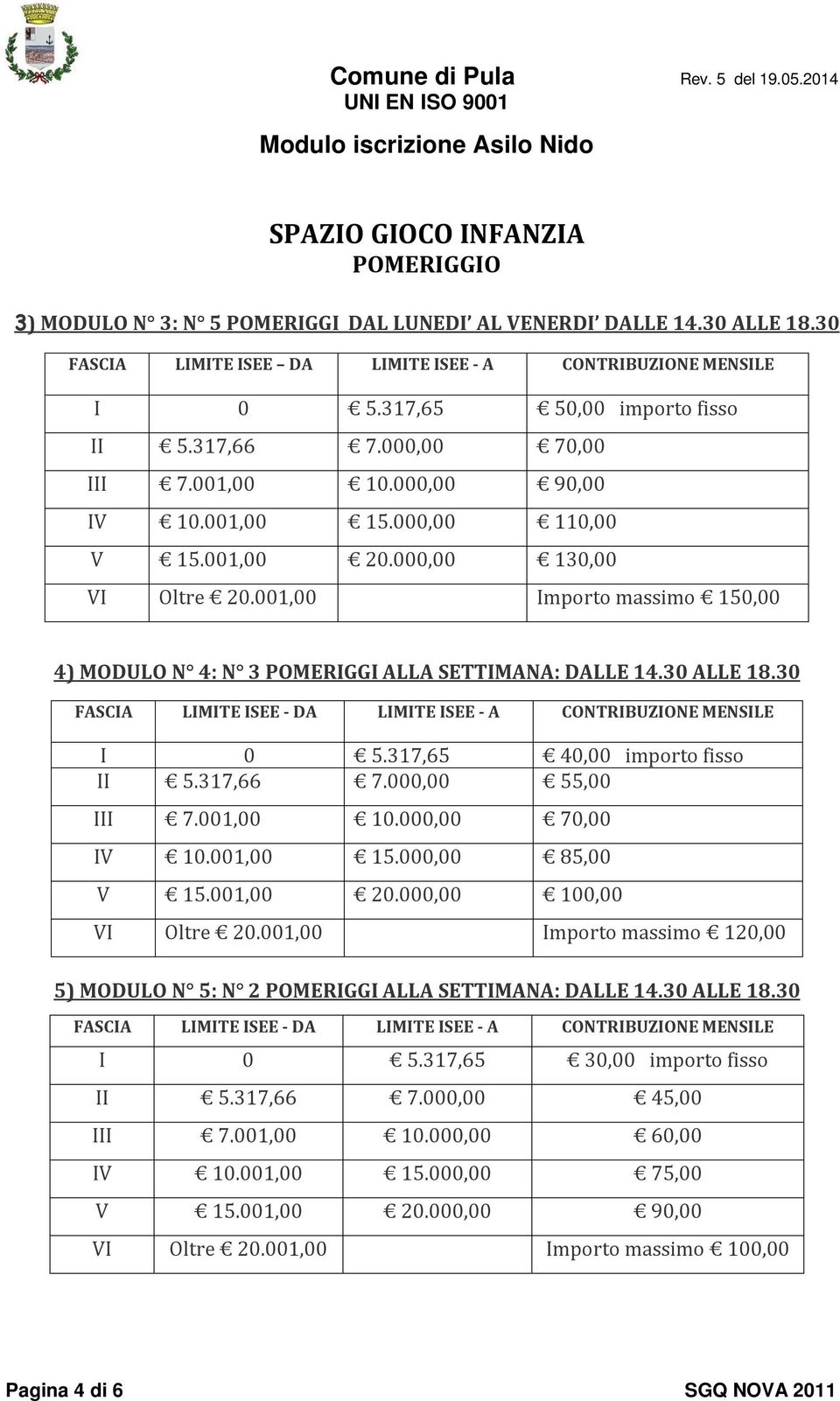 001,00 Importo massimo 150,00 4) MODULO N 4: N 3 POMERIGGI ALLA SETTIMANA: DALLE 14.30 ALLE 18.30 FASCIA LIMITE ISEE - DA LIMITE ISEE - A CONTRIBUZIONE MENSILE I 0 5.317,65 40,00 importo fisso II 5.