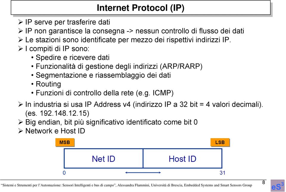 I compiti di IP sono: Spedire e ricevere dati Funzionalità di gestione degli indirizzi (ARP/RARP) Segmentazione e riassemblaggio dei dati