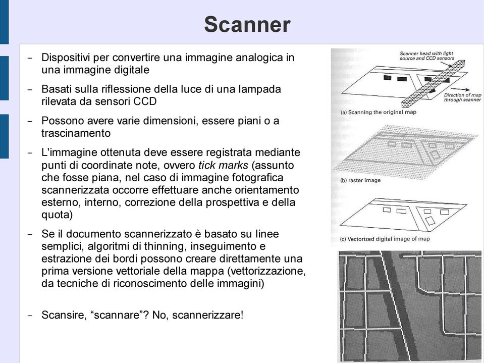scannerizzata occorre effettuare anche orientamento esterno, interno, correzione della prospettiva e della quota) Se il documento scannerizzato è basato su linee semplici, algoritmi di thinning,