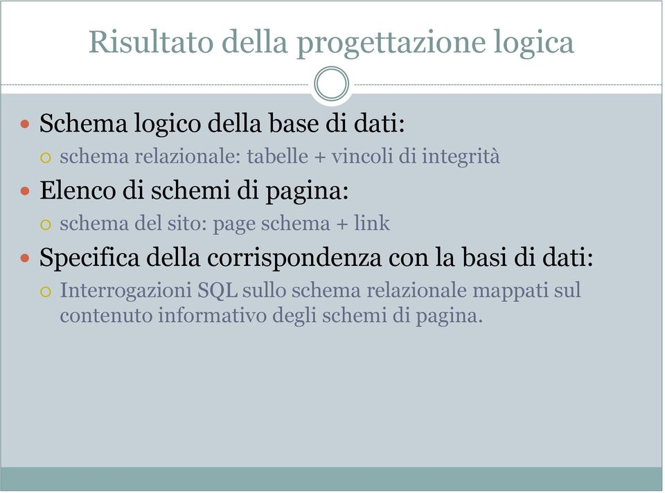 sito: page schema + link Specifica della corrispondenza con la basi di dati: