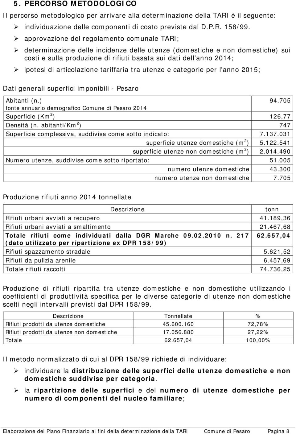 di articolazione tariffaria tra utenze e categorie per l'anno 2015; Dati generali superfici imponibili - Pesaro Abitanti (n.) 94.
