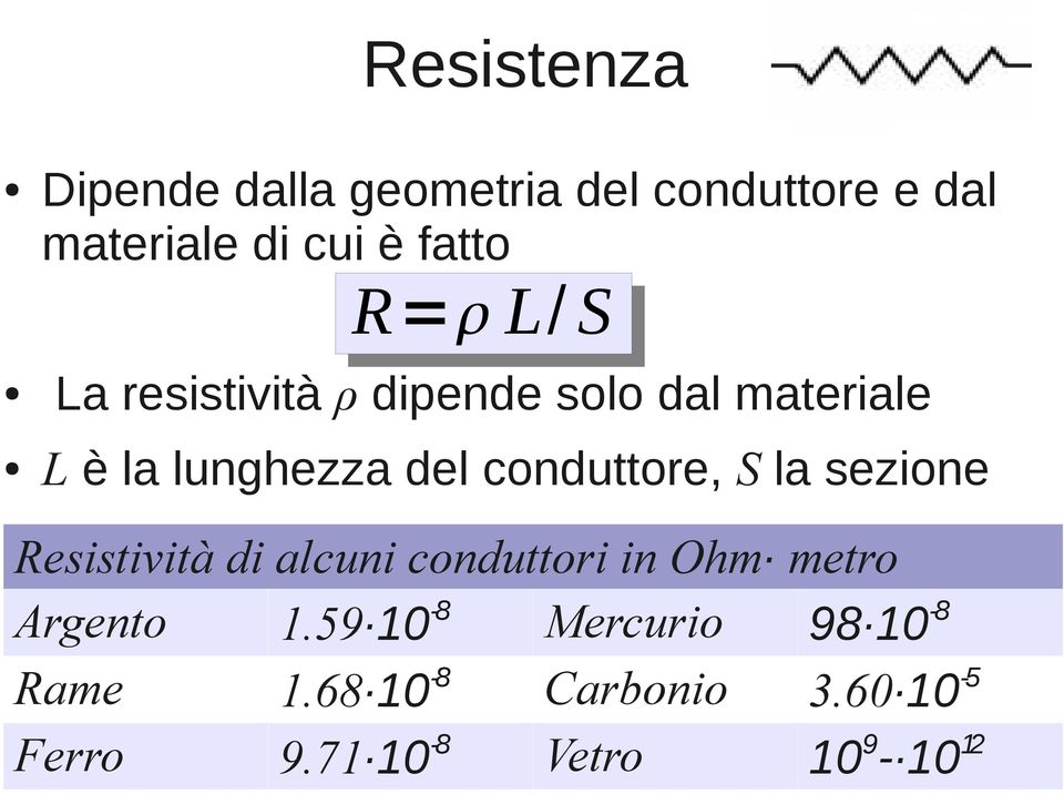 conduttore, S la sezione Resistività di alcuni conduttori in Ohm metro Argento 1.