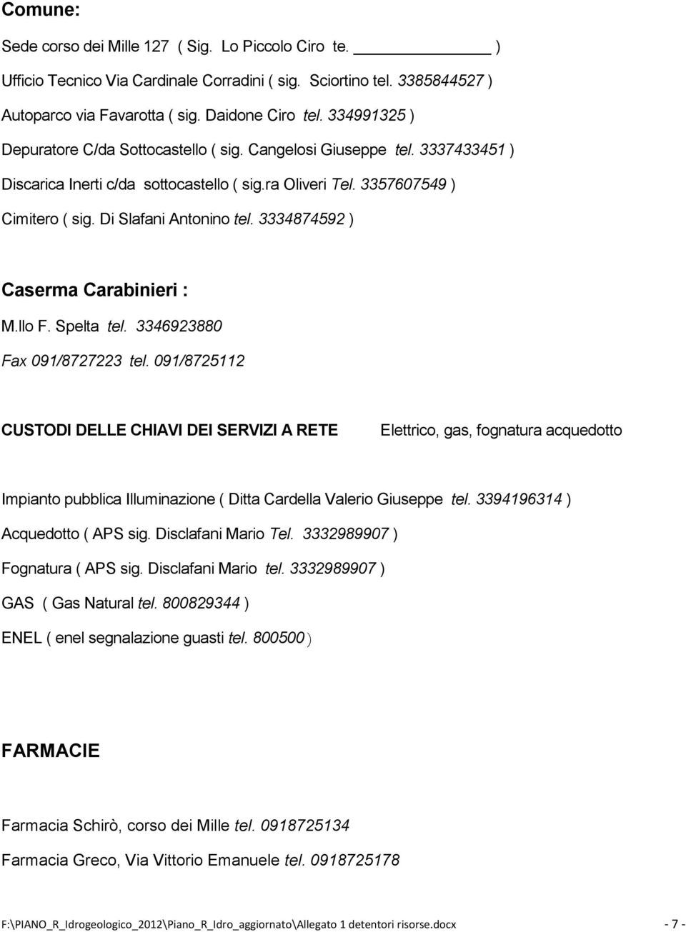 3334874592 ) Caserma Carabinieri : M.llo F. Spelta tel. 3346923880 Fax 091/8727223 tel.