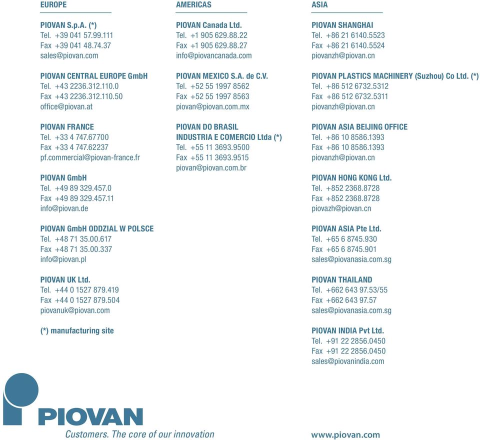 pl PIOVAN UK Ltd. Tel. +4401527879.419 Fax +4401527879.504 piovanuk@piovan.com (*) manufacturing site AMERICAS PIOVAN Canada Ltd. Tel. +1 905 629.88.22 Fax +1 905 629.88.27 info@piovancanada.