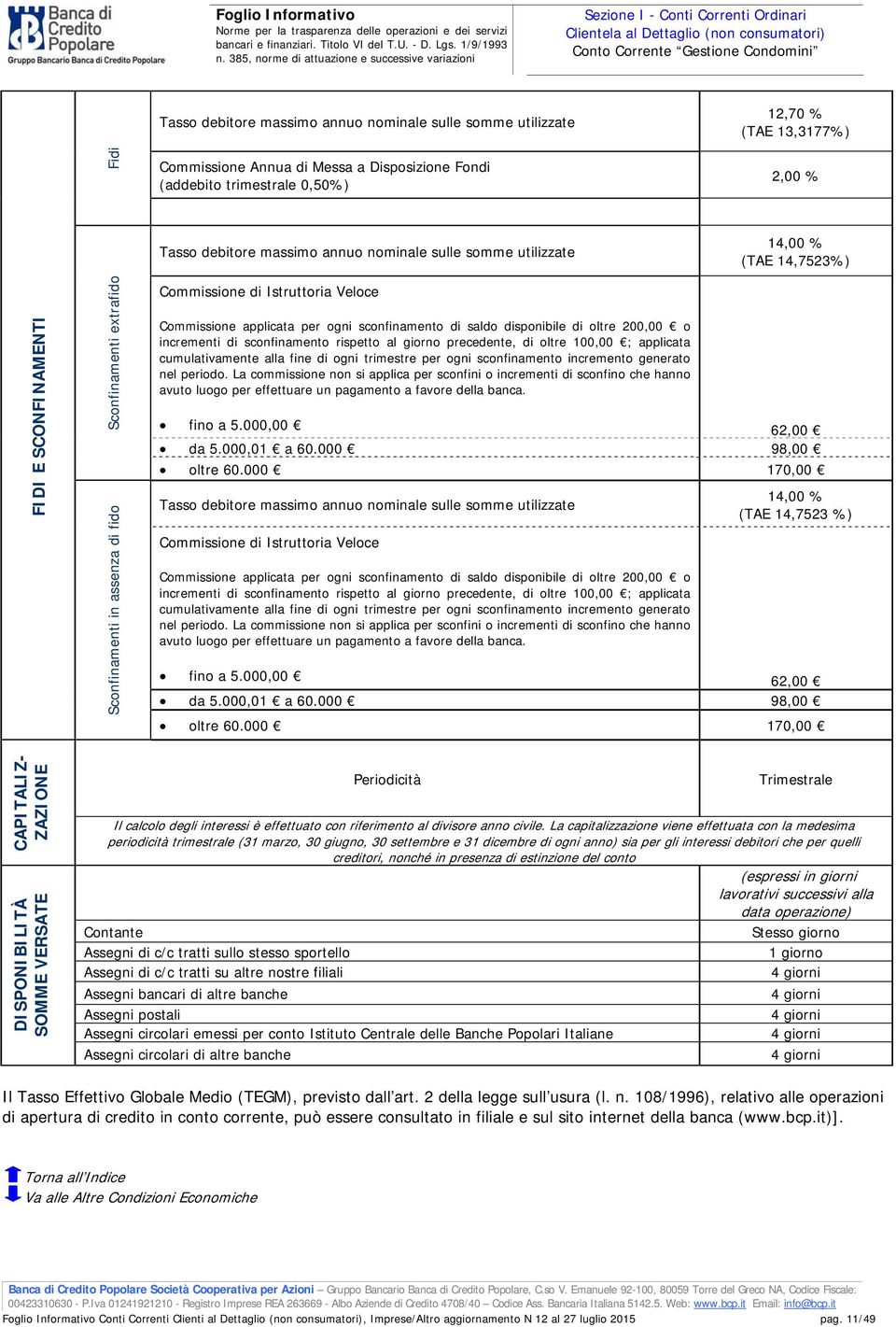 di oltre 100,00 ; applicata cumulativamente alla fine di ogni trimestre per ogni sconfinamento incremento generato nel periodo.