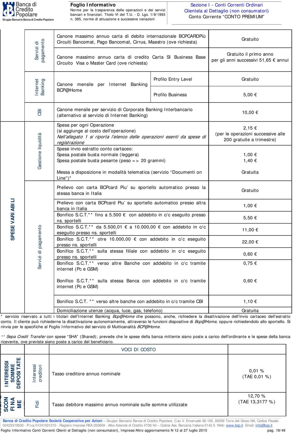 Profilo Entry Level Profilo Business 5,00 CBI Canone mensile per servizio di Corporate Banking Interbancario (alternativo al servizio di Internet Banking) 10,00 Gestione liquidità Spesa per ogni