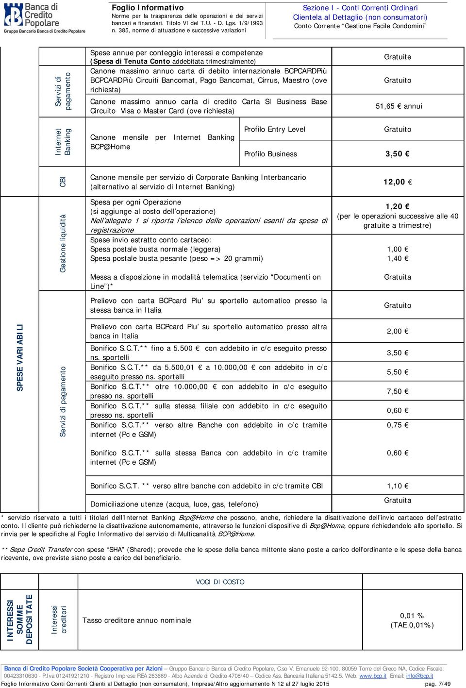 richiesta) Gratuite 51,65 annui Internet Banking Canone mensile per Internet Banking BCP@Home Profilo Entry Level Profilo Business 3,50 CBI Canone mensile per servizio di Corporate Banking