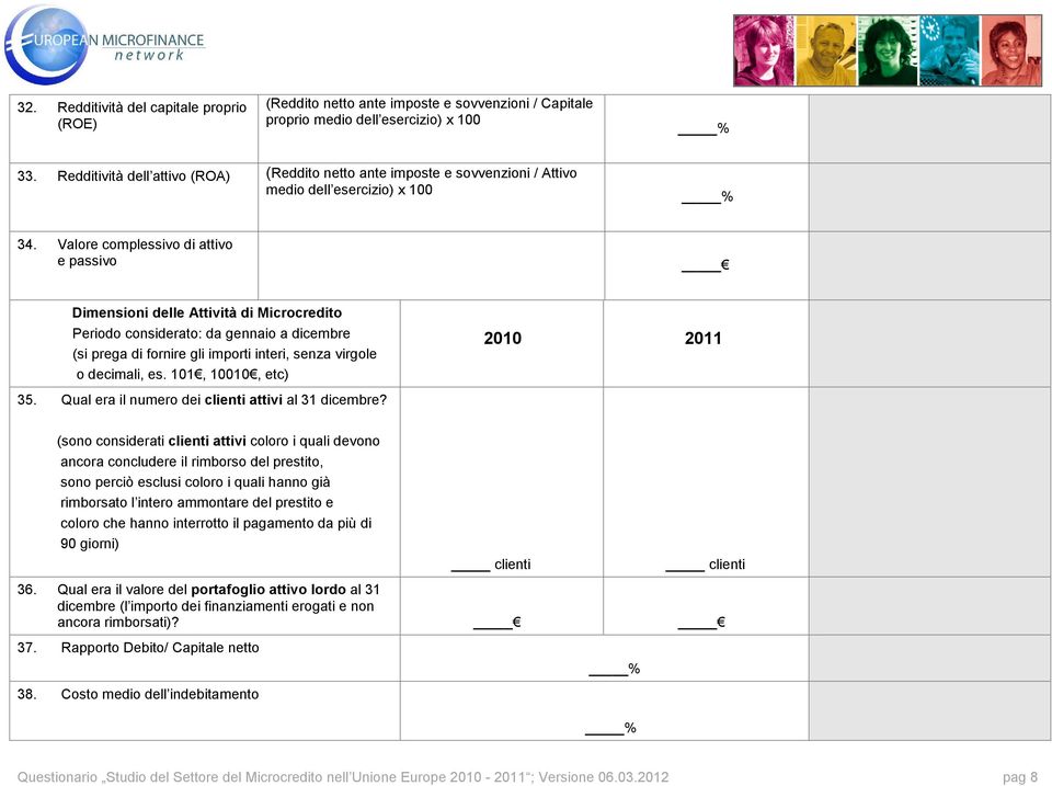 Valore complessivo di attivo e passivo Dimensioni delle Attività di Microcredito Periodo considerato: da gennaio a dicembre (si prega di fornire gli importi interi, senza virgole o decimali, es.