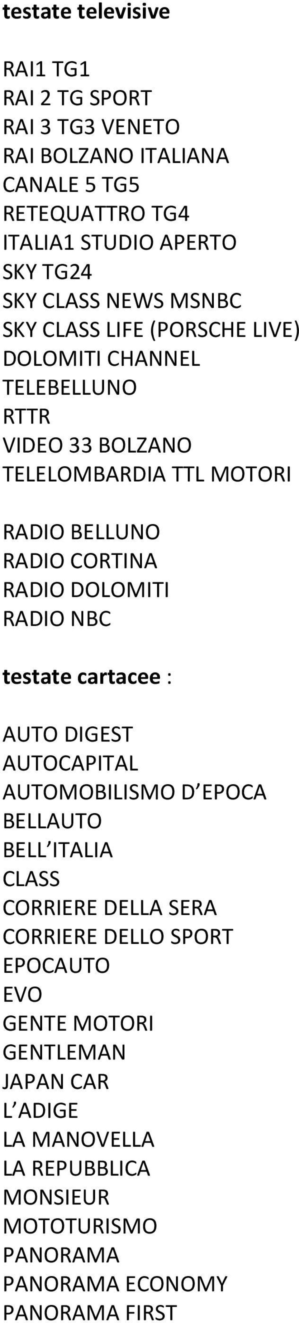 CORTINA RADIO DOLOMITI RADIO NBC testate cartacee : AUTO DIGEST AUTOCAPITAL AUTOMOBILISMO D EPOCA BELLAUTO BELL ITALIA CLASS CORRIERE DELLA SERA
