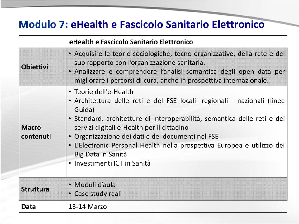 Teorie dell'e-health Architettura delle reti e del FSE locali- regionali - nazionali (linee Guida) Standard, architetture di interoperabilità, semantica delle reti e dei servizi digitali e-health per