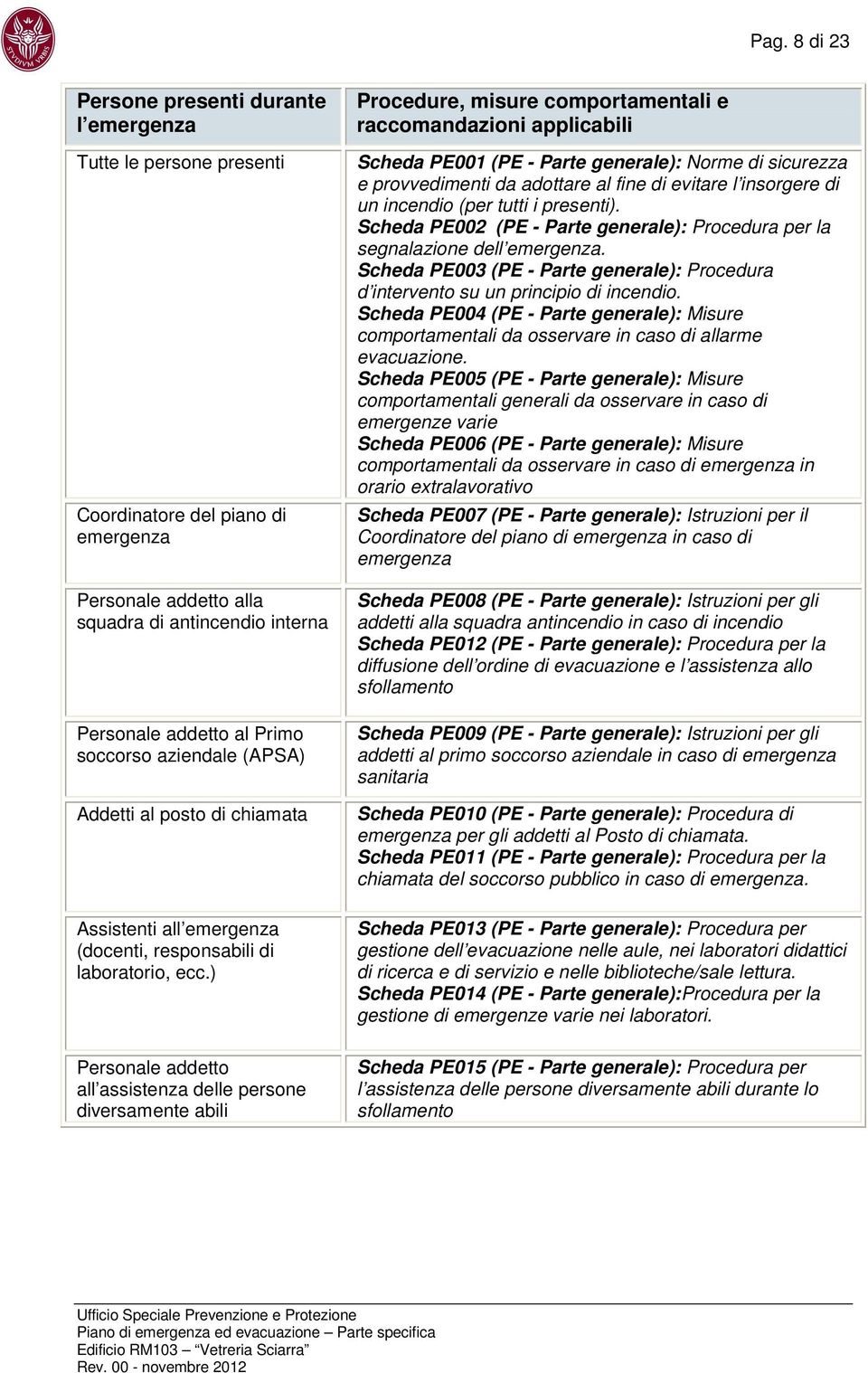 ) Personale addetto all assistenza delle persone diversamente abili Procedure, misure comportamentali e raccomandazioni applicabili Scheda PE001 (PE - Parte generale): Norme di sicurezza e