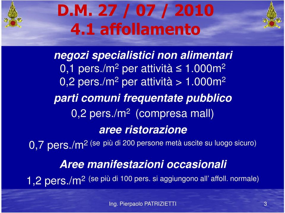 /m2 (compresa mall) aree ristorazione 0,7 pers.