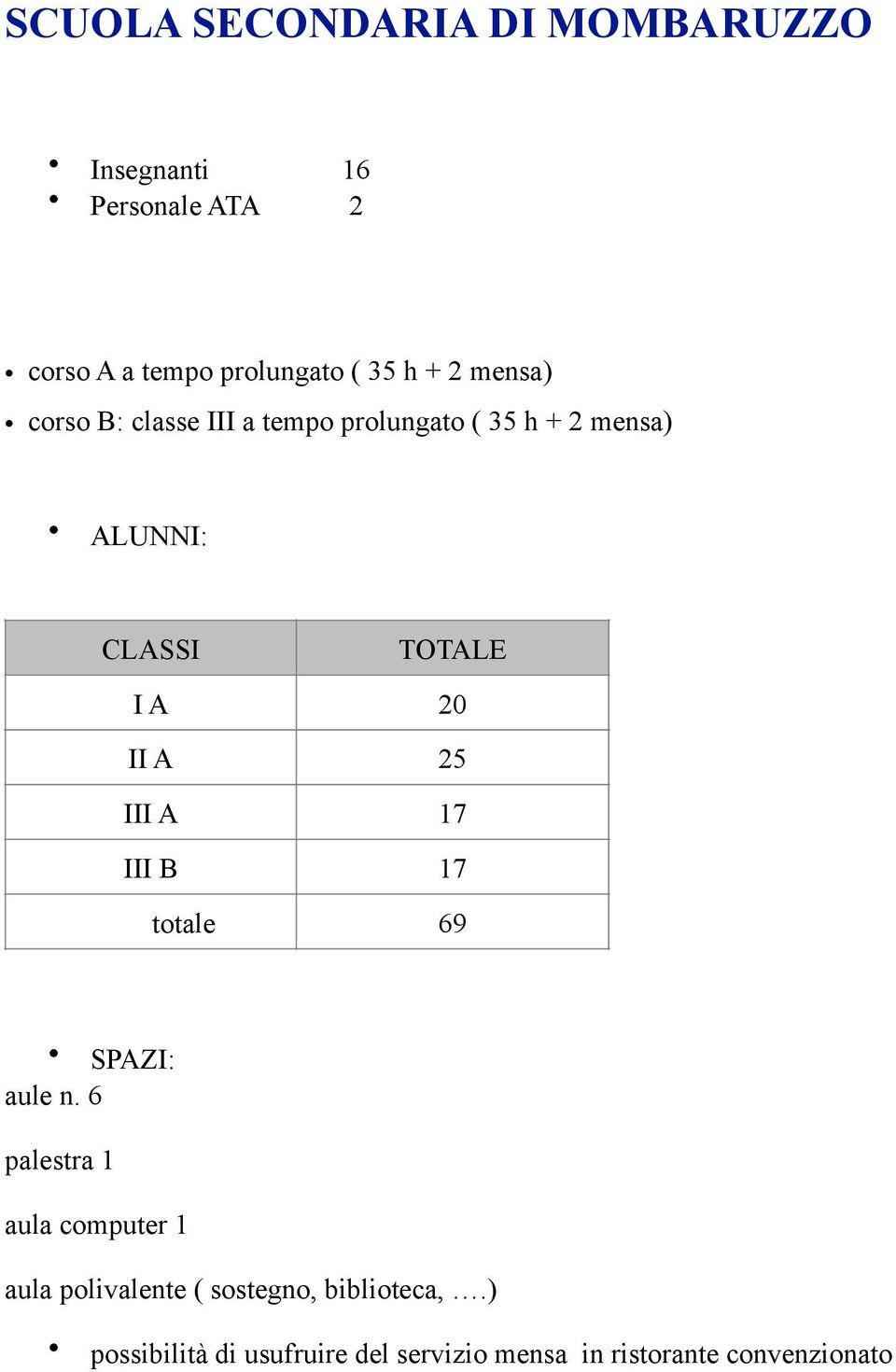 II A 25 III A 17 III B 17 totale 69 SPAZI: aule n.