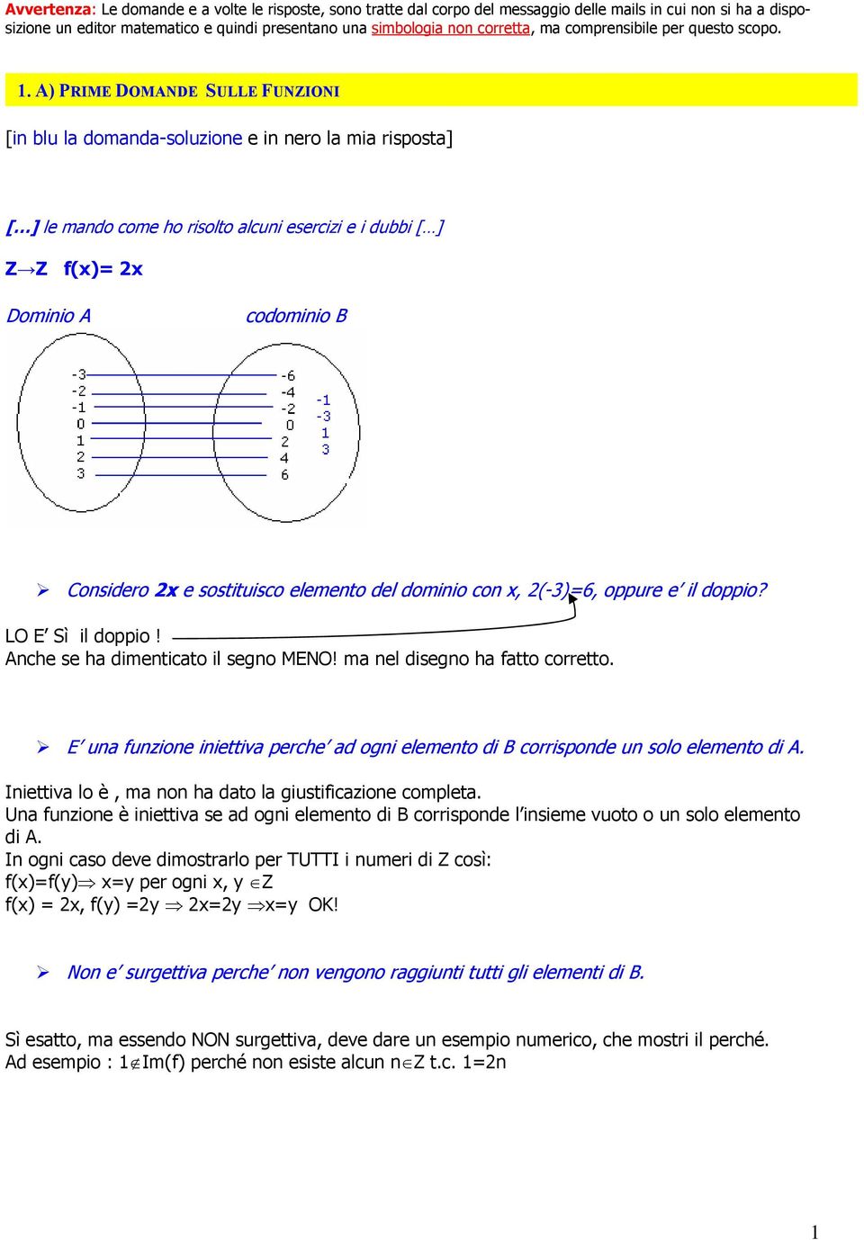 A) PRIME DOMANDE SULLE FUNZIONI [in blu la domanda-soluzione e in nero la mia risposta] [ ] le mando come ho risolto alcuni esercizi e i dubbi [ ] Z Z f(x)= 2x Dominio A codominio B Considero 2x e