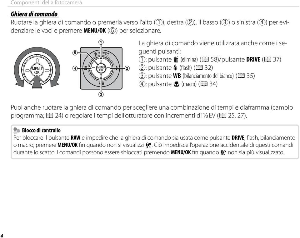 La ghiera di comando viene utilizzata anche come i seguenti pulsanti: q: pulsante b (elimina) (P 58)/pulsante DRIVE (P 37) w: pulsante N (flash) (P 32) e: pulsante WB (bilanciamento del bianco) (P