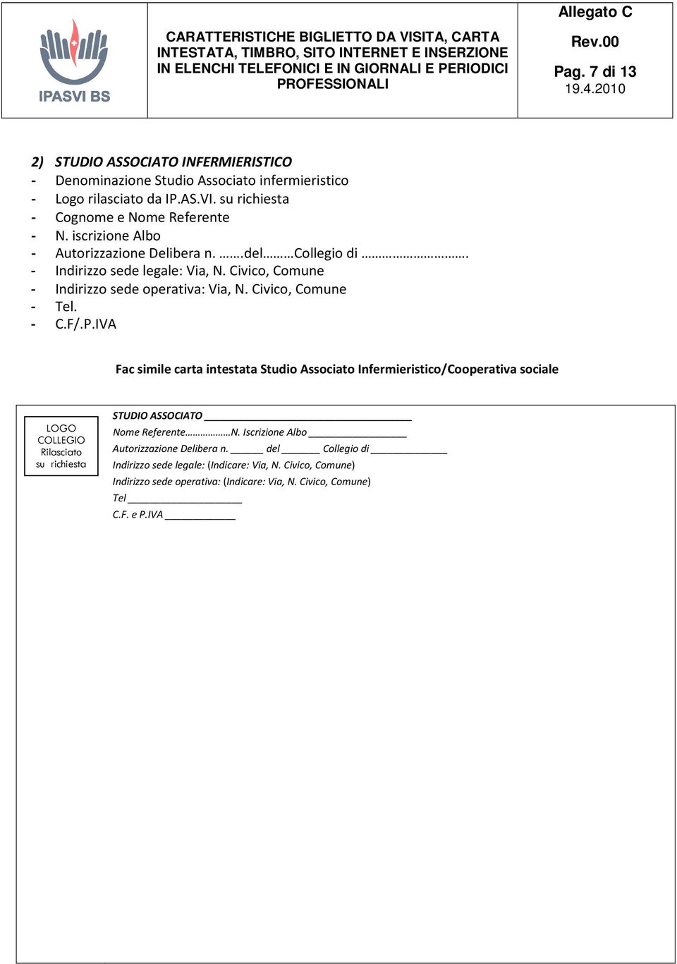 F/.P.IVA Fac simile carta intestata Studio Associato Infermieristico/Cooperativa sociale STUDIO ASSOCIATO Nome Referente N. Iscrizione Albo Autorizzazione Delibera n.