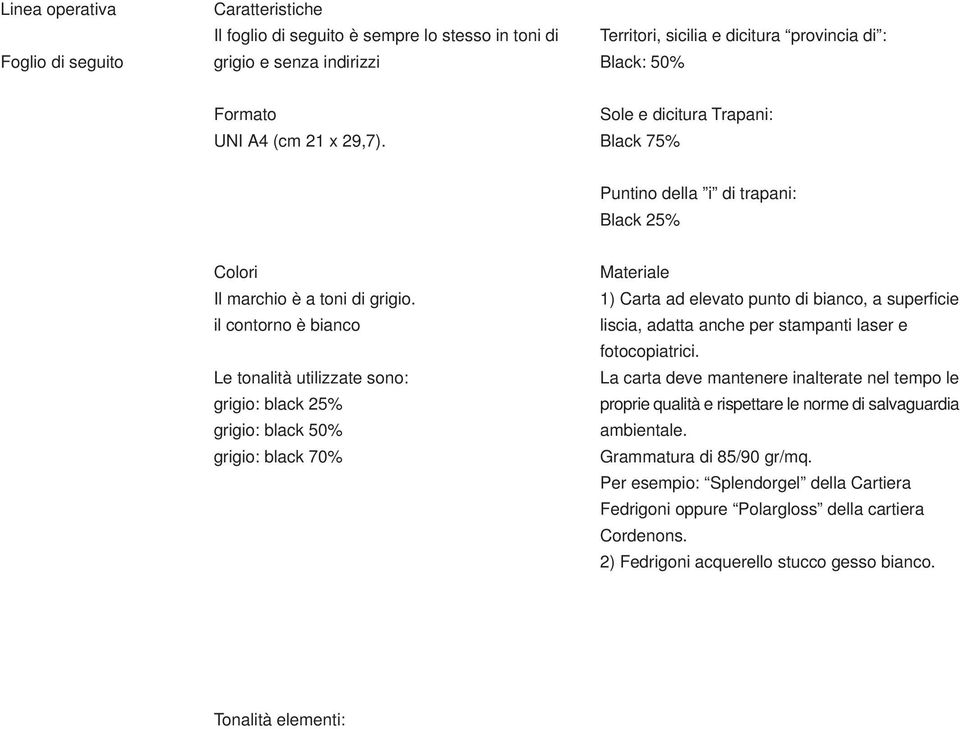 il contorno è bianco Le tonalità utilizzate sono: grigio: black 25% grigio: black 50% grigio: black 70% Materiale 1) Carta ad elevato punto di bianco, a superficie liscia, adatta anche per stampanti