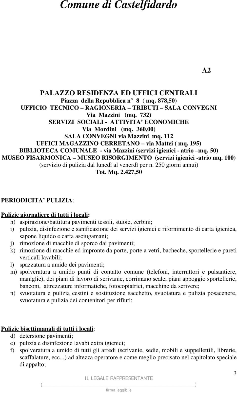 195) BIBLIOTECA COMUNALE - via Mazzini (servizi igienici - atrio mq. 50) MUSEO FISARMONICA MUSEO RISORGIMENTO (servizi igienici -atrio mq. 100) (servizio di pulizia dal lunedì al venerdì per n.