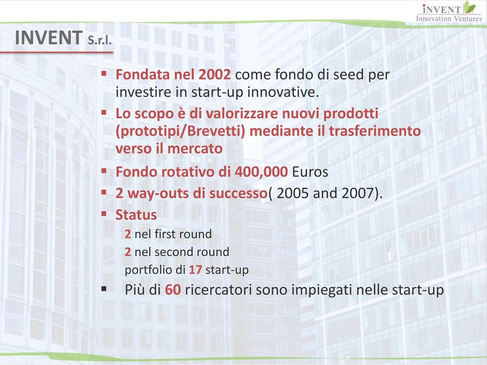 mercato Fondo rotativo di 400,000 Euros 2 way-outs di successo( 2005 and 2007).