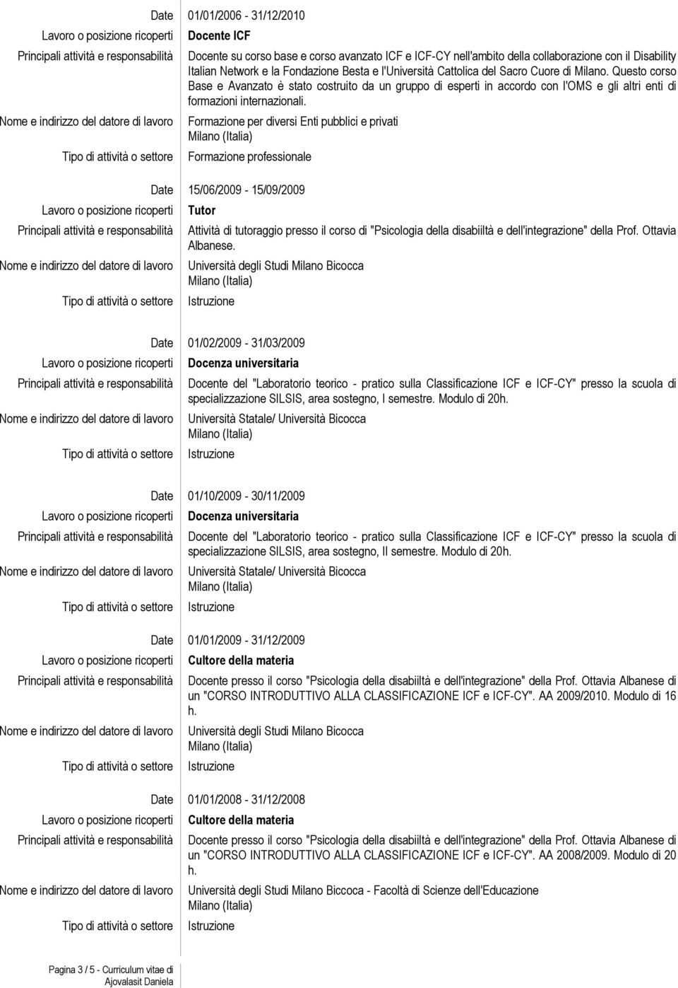 Formazione per diversi Enti pubblici e privati Formazione professionale Date 15/06/2009-15/09/2009 Tutor Attività di tutoraggio presso il corso di "Psicologia della disabiiltà e dell'integrazione"