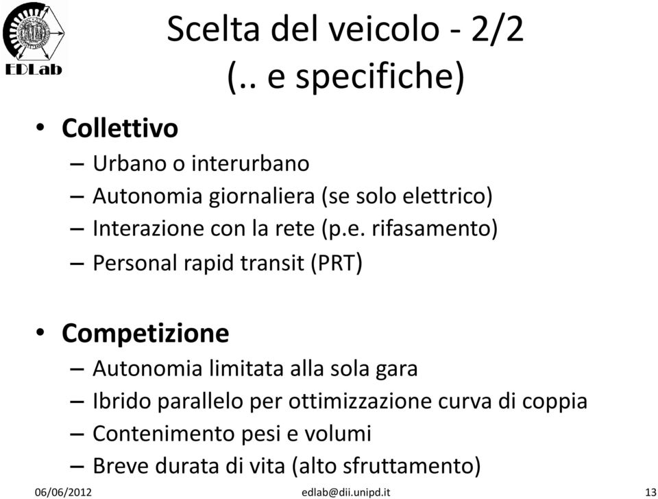 Interazione con la rete (p.e. rifasamento) Personal rapid transit (PRT) Competizione