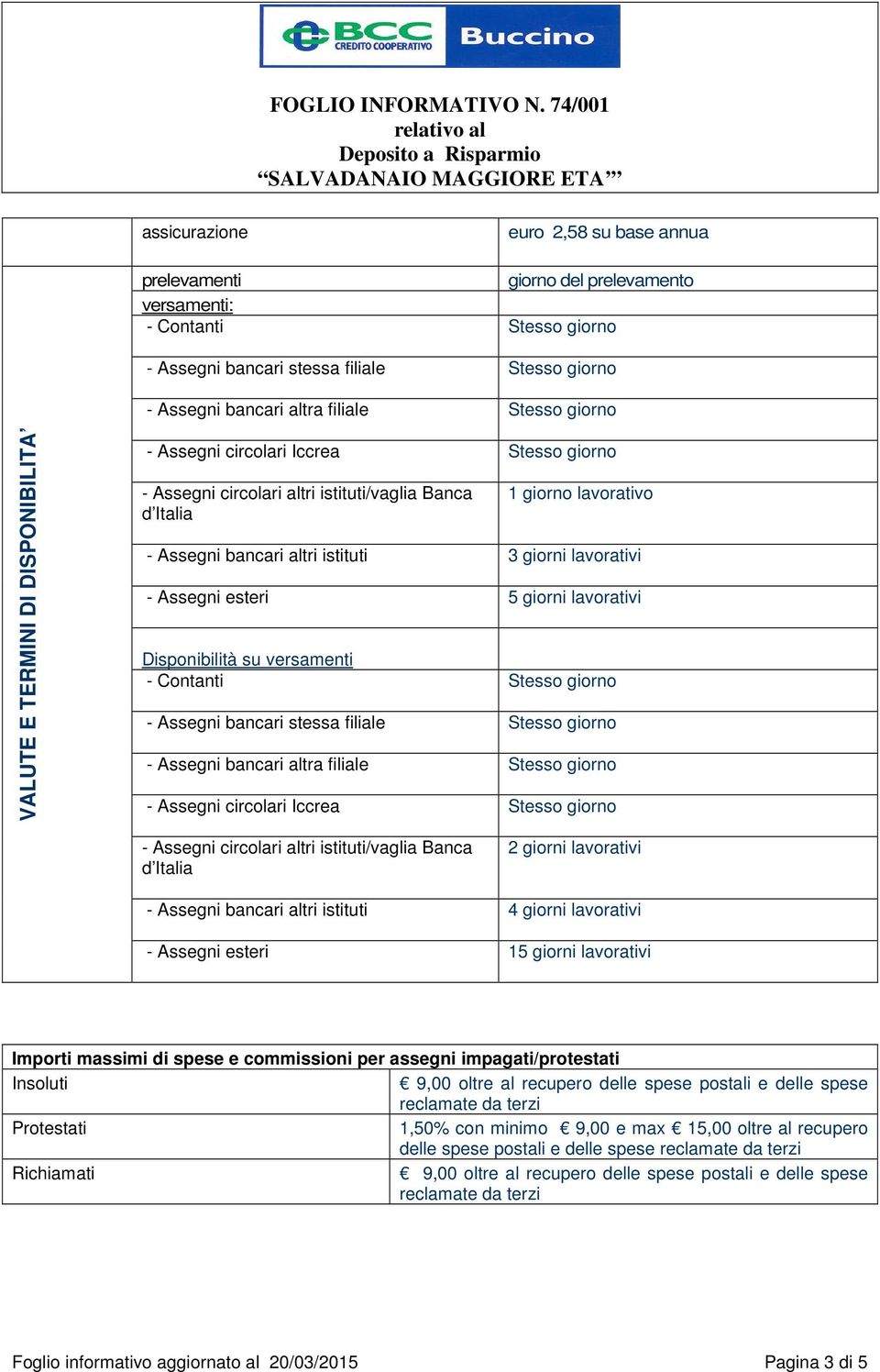 giorni lavorativi - Assegni esteri 5 giorni lavorativi Disponibilità su versamenti - Contanti Stesso giorno - Assegni bancari stessa filiale Stesso giorno - Assegni bancari altra filiale Stesso