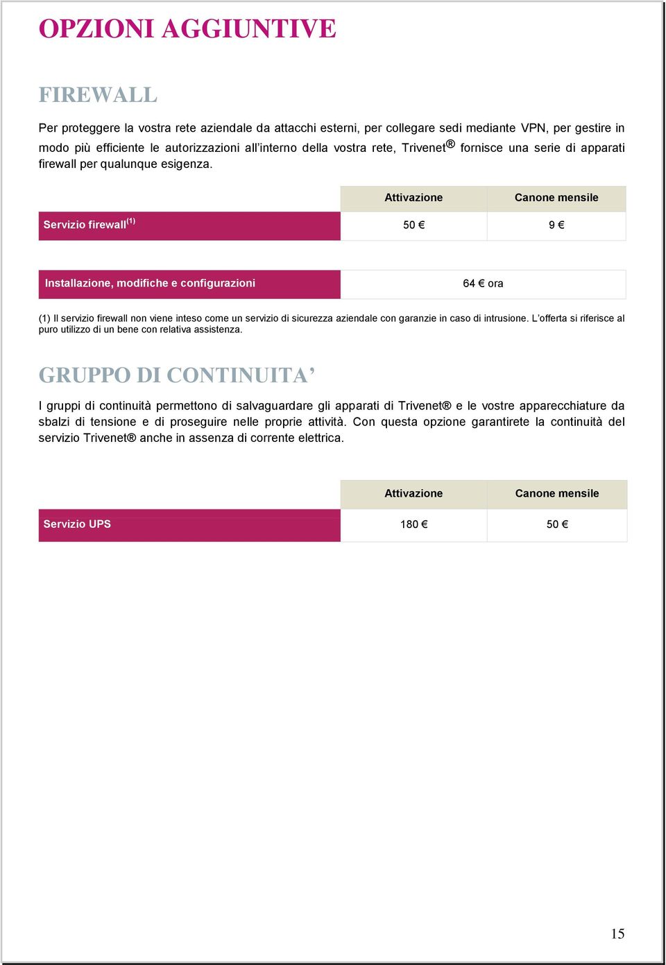 Attivazione Servizio firewall (1) 50 9 Installazione, modifiche e configurazioni 64 ora (1) Il servizio firewall non viene inteso come un servizio di sicurezza aziendale con garanzie in caso di