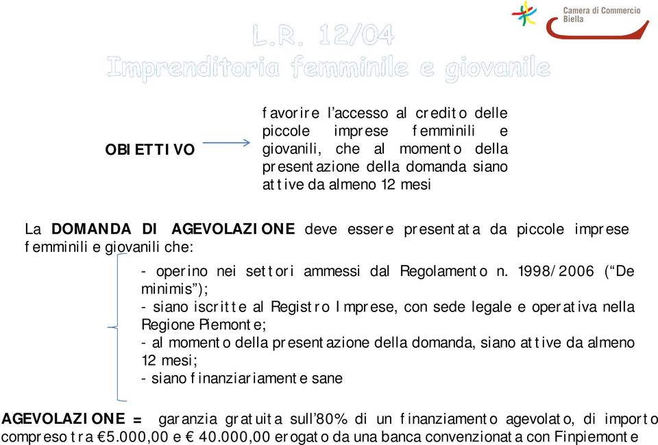 1998/2006 ( De minimis ); - siano iscritte al Registro Imprese, con sede legale e operativa nella Regione Piemonte; - al momento della presentazione della domanda, siano