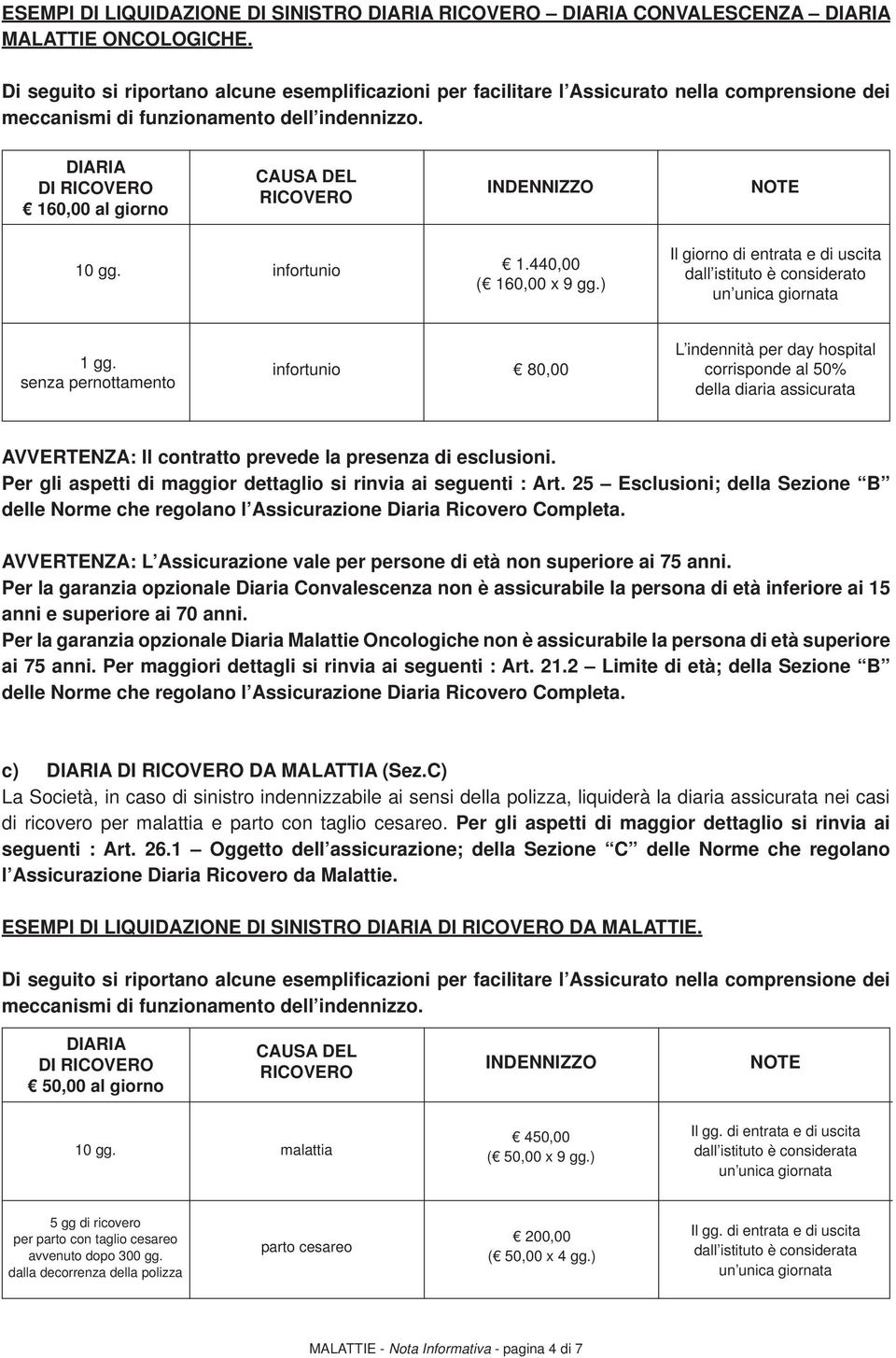 DIARIA DI RICOVERO 160,00 al giorno CAUSA DEL RICOVERO INDENNIZZO NOTE 10 gg. infortunio 1.440,00 ( 160,00 x 9 gg.) Il giorno di entrata e di uscita dall istituto è considerato un unica giornata 1 gg.