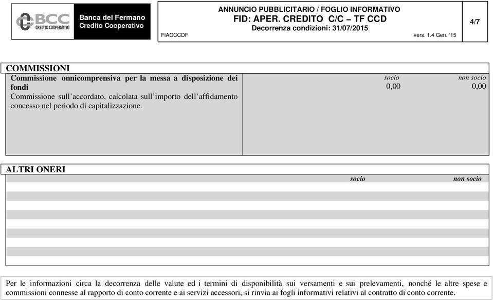 0,00 0,00 ALTRI ONERI Per le informazioni circa la decorrenza delle valute ed i termini di disponibilità sui versamenti e sui