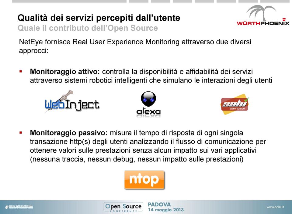 interazioni degli utenti Monitoraggio passivo: misura il tempo di risposta di ogni singola transazione http(s) degli utenti analizzando il flusso di