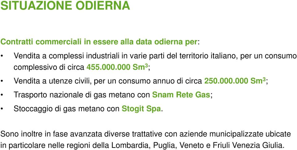 000.000 Sm 3 ; Trasporto nazionale di gas metano con Snam Rete Gas; Stoccaggio di gas metano con Stogit Spa.